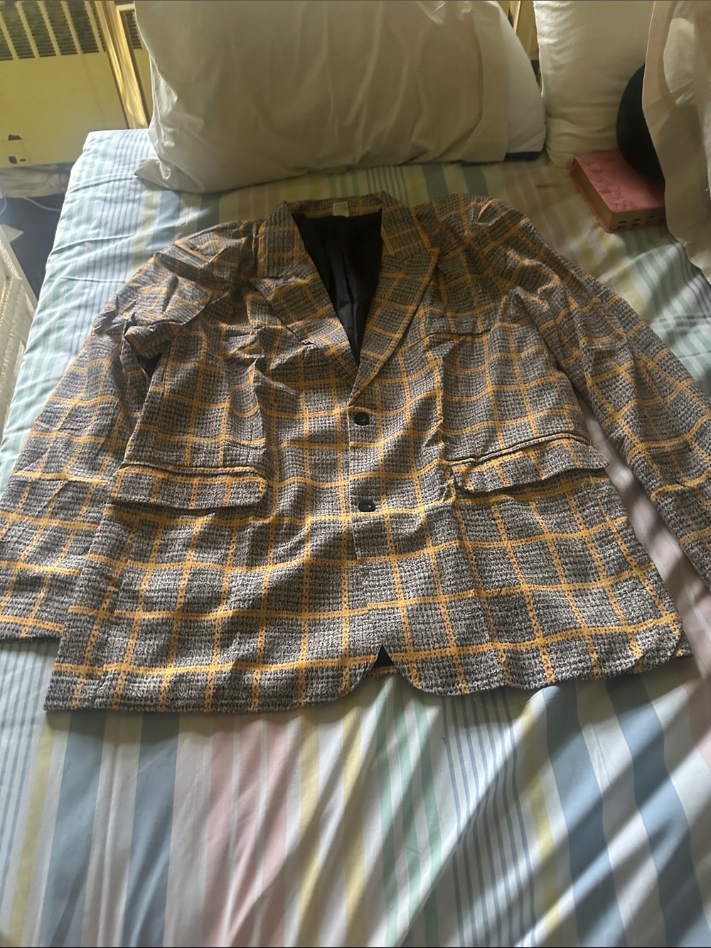 Yellow & Gray Plaid Tweed Blazer